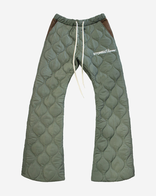 Quilted Stacked Flared Pants - Military Green